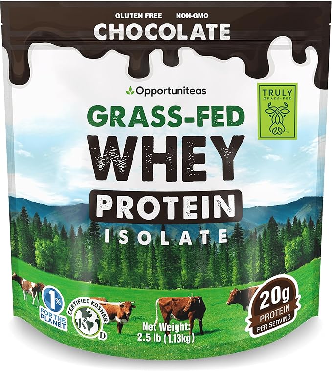Opportuniteas Grass Fed Chocolate Whey Isolate Protein Powder – 20 g Protein Heavy-Metal Tested Made with Organic Cacao &amp Organic Cane Sugar Non-GMO Hormone-Free Sourced from Ireland 2.5 lb