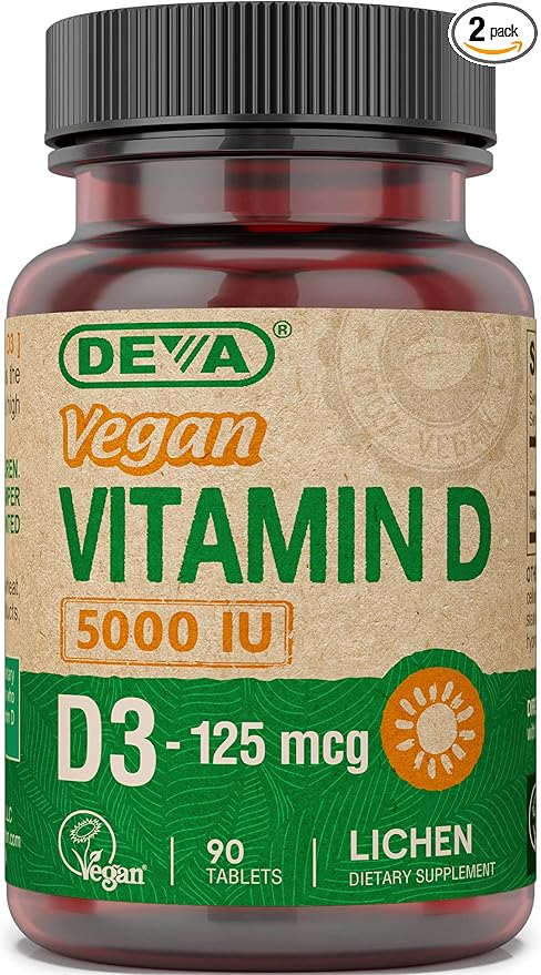 DEVA Vitamin D3 5000 IU Sunshine Supplement 125 mcg of Vegan D3 90-Count Bottle