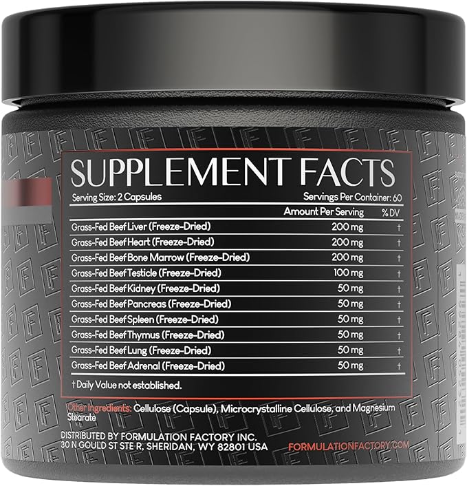 Formulation Factory Primal Power 10-in-1 Grass-Fed Organ Supplement with Beef Liver Heart Marrow Testicle Kidney Supports Vitality Hormones Energy Immunity (4 Month Supply 240 Capsules)