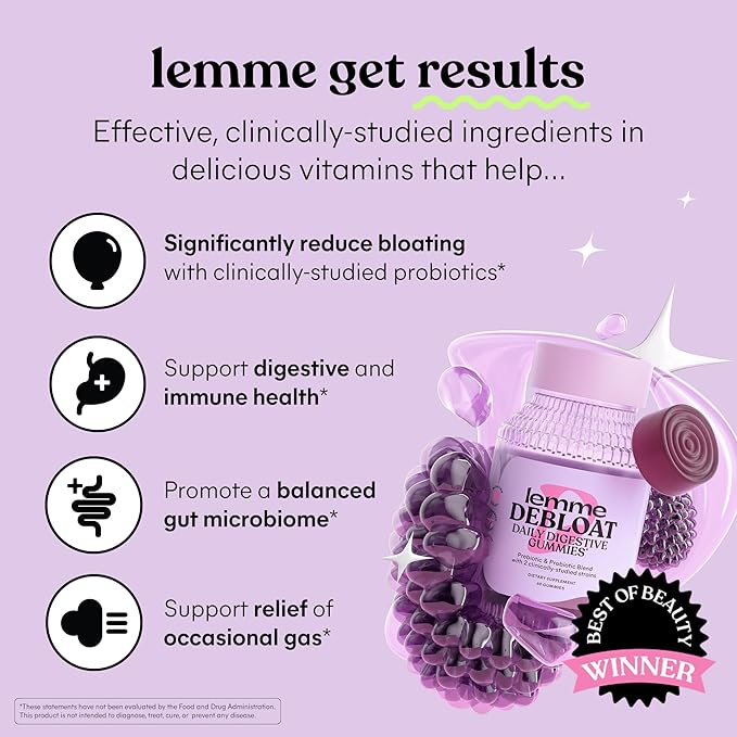 Lemme Debloat - Digestive &amp Gut Health Gummies with 2 Clinically Studied Probiotics &amp Prebiotic Vegetarian Gluten Free Non GMO BlackBerry Flavor (60 Count) (Pack of 2)