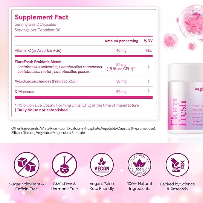 Vaginal Probiotics for Women Vaginigal Health Prebiotic + Probiotic 15 Billion CFUs 60 Capsules - Clinically Tested for UTI Prevention pH Balance &amp Vaginal Flora Wellness