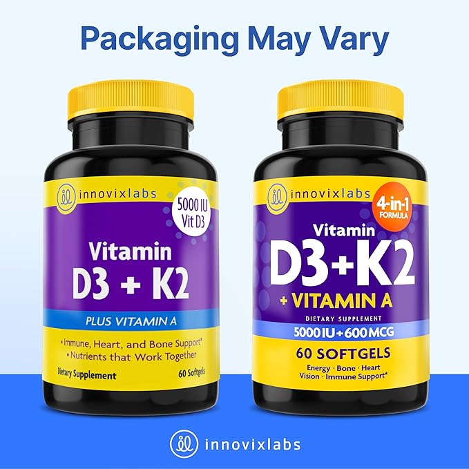 InnovixLabs Vitamin D3 K2-5000 IU Vitamin D3 Plus 600 mcg Vitamin K2 MK4 and MK7 for Max Calcium Absorption Supports Bone Immune Heart Health 3rd Party Tested Gluten Free 60 Softgels (Pack of 2)