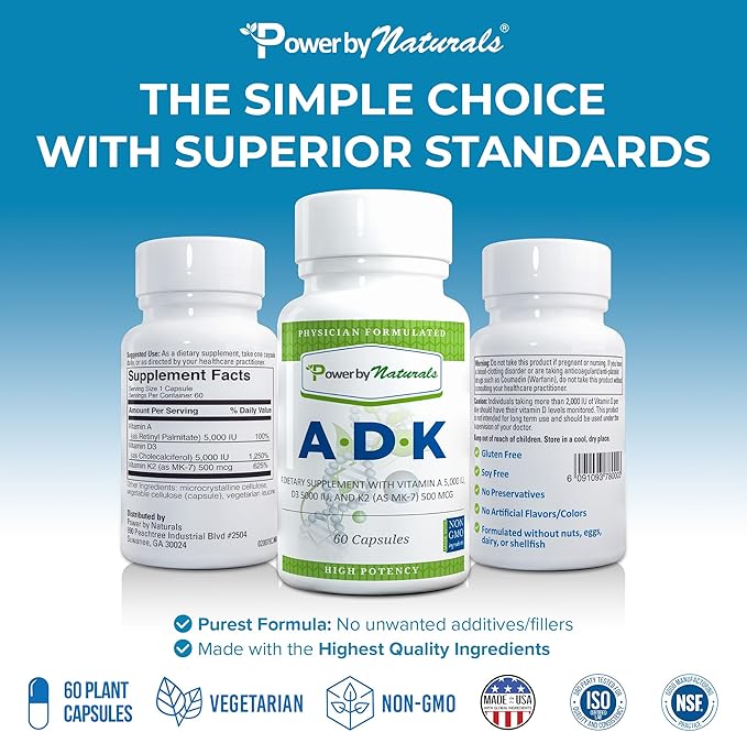 Power By Naturals ADK Vitamin Supplement – High Potency Blend of Vitamin A D3 5000 IU &amp K2 MK7 for Bone Health – Vitamin A D K Supplement – 60 Capsules (2 Month Supply)