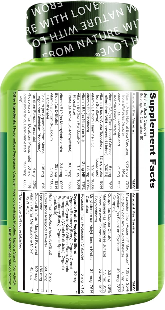 NATURELO Multivitamins for Teenage Girls/Boys 120 Capsules Whole Food Multivitamin with Minerals Non-GMO Vegetarian