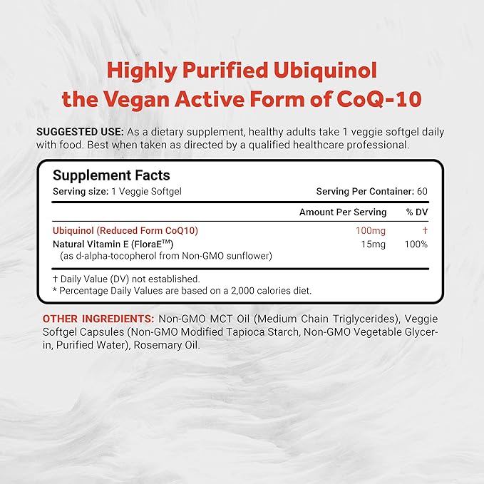 Naturalis Ubiquinol 100mg Active CoQ-10 Emulsified in MCT Oil for Better Absorption | Gluten Free Non-GMO &amp Soy-Free | Cardiovascular Wellness Antioxidant Protection and Healthy Skin* | 60 Soft