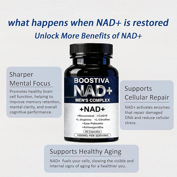 Boostiva NAD+ Supplements for Men with NAD Resveratrol CoQ10 L-Citrulline &amp Lycopene – Nitric Oxide Support Prostate Care Anti-Aging Stamina &amp Cellular Energy Boost 60capsules (1)