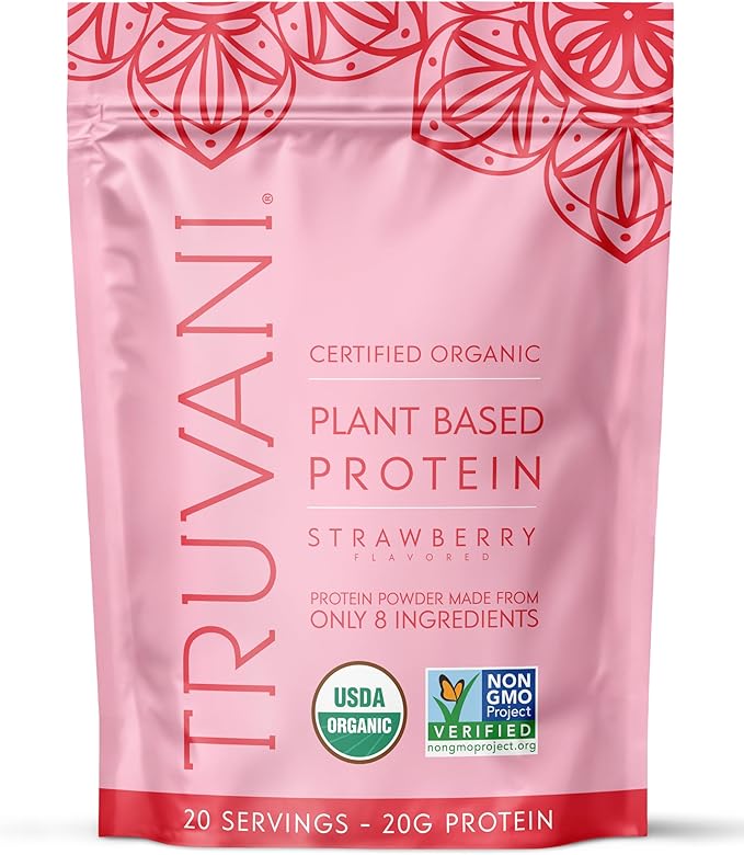 Truvani Vegan Pea Protein Powder | Strawberry | 20g Organic Plant Based Protein | 20 Servings | Keto | Gluten &amp Dairy Free | Low Carb | No Added Sugar