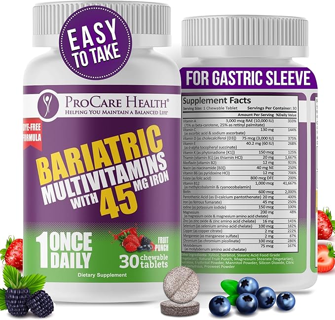 Procare Health Bariatric Multivitamin with Iron 45mg Chewable (30 Tablets) - Fruit Punch Flavor Bariatric Multivitamin Chewable Pills for Gastric Bypass &amp Sleeve Gastrectomy Patients (01 Month Sup