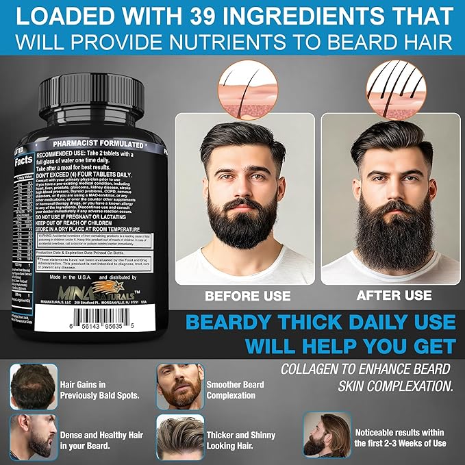 BEARDY THICK Beard Growth Vitamins for Men B7 Biotin 10000 mcg Keratin Collagen Silica and 36 More. Beard Grow Thicker and Stronger Supplement. Facial Hair Growth Vitamin. 60 Tablets