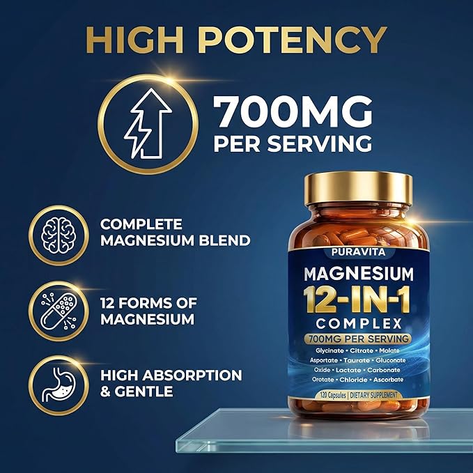 Puravita 12 in 1 Magnesium Complex Capsules - 700mg High Absorption Blend with Glycinate Citrate Malate Oxide &amp Taurate. Supports Muscle Function Nerve Health &amp Relaxation - 120 Capsules (