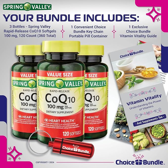 Choice Bundle Spring Valley Rapid-Release CoQ10 Coenzyme Q10 100 mg Softgels 120 CT 3 pk (360 Total) + Vitamin Guide &amp Pill Container (5 Items)!