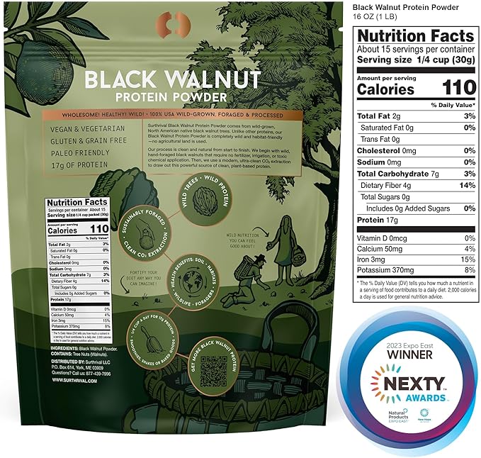 Surthrival: Black Walnut Protein Powder Wild-Foraged Ethically-Harvested 17g Protein USA Sourced Vegan Paleo Gluten-Free 1lb