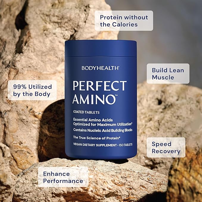 BodyHealth PerfectAmino (600 ct) Easy to Swallow Tablets Essential Amino Acids Supplement with BCAAs Vegan Protein for Pre/Post Workout &amp Muscle Recovery with Lysine Tryptophan Leucine Methio