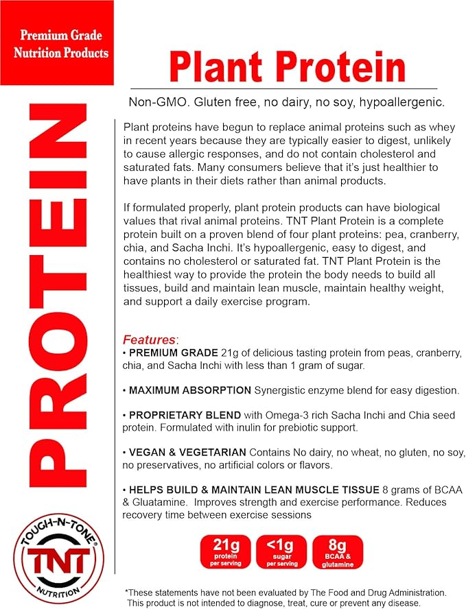 TOUGH-N-TONE Premium Grade Plant Protein a Delicious Vanilla Vegan Shake peas Cranberry chia and Sacha inchi Omega-3 EFAs Vegan &amp Vegetarian no Dairy no Wheat no Gluten no Soy