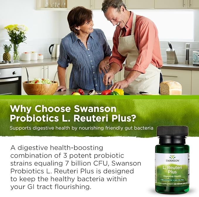 Swanson L. Reuteri Probiotic Plus with L. Rhamnosus L. Acidophilus &amp FOS Prebiotic for Gut-Health-Conscious Adults - 7 Billion CFU (30 Vegan Capsules 3 Pack)