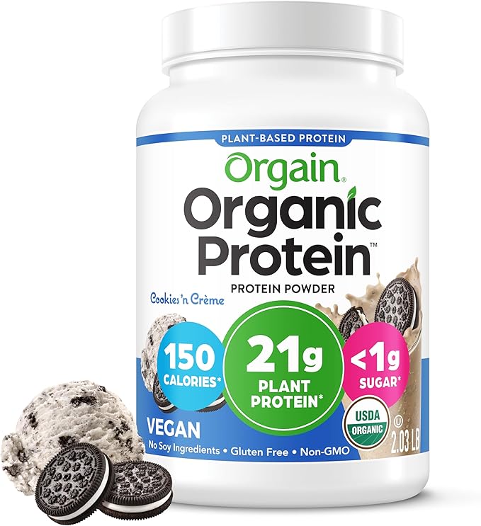 Orgain Organic Vegan Protein Powder Cookies &amp Cream - 21g Plant Based Protein 7g Prebiotic Fiber Low Net Carb No Lactose Ingredients No Added Sugar Non-GMO For Shakes &amp Smoothies 2.03