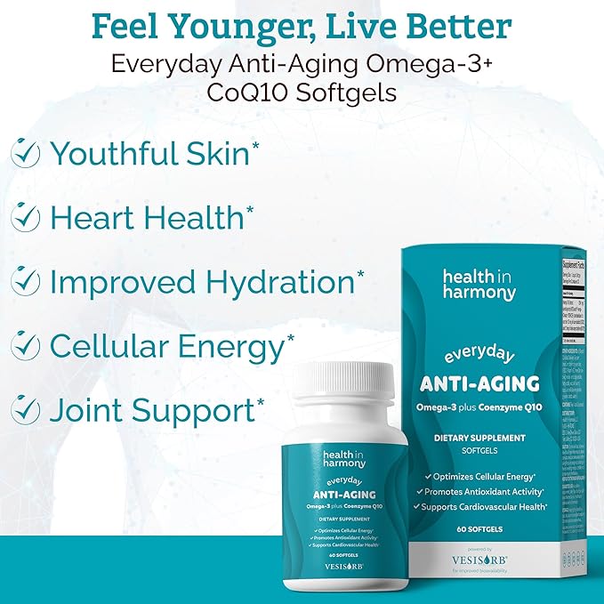 Everyday Anti-Aging Supplement - Omega 3 Fatty Acid Supplements + High Absorption Coq10 - Energy Supplements for Heart Health &amp Overall Vitality - Non GMO Softgels Powered by Vesisorb® (60 Ct)