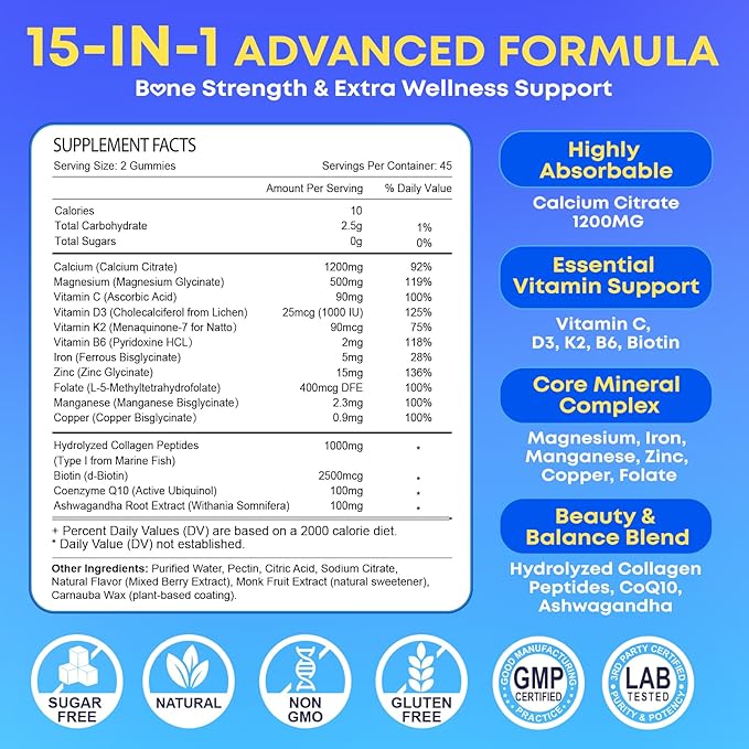 180 Count Calcium Citrate Gummies 1200 mg with Vitamin D3 K2 Magnesium &amp Zinc High Absorption Calcium Supplements for Women &amp Men for B0ne Muscle &amp Immune Support Sugar Free Mixed Be