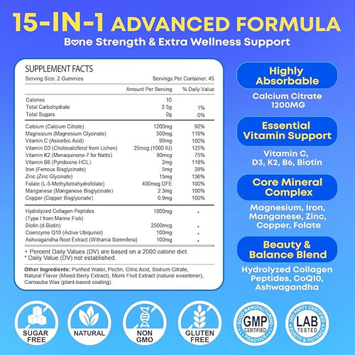 180 Count Calcium Citrate Gummies 1200 mg with Vitamin D3 K2 Magnesium &amp Zinc High Absorption Calcium Supplements for Women &amp Men for B0ne Muscle &amp Immune Support Sugar Free Mixed Be