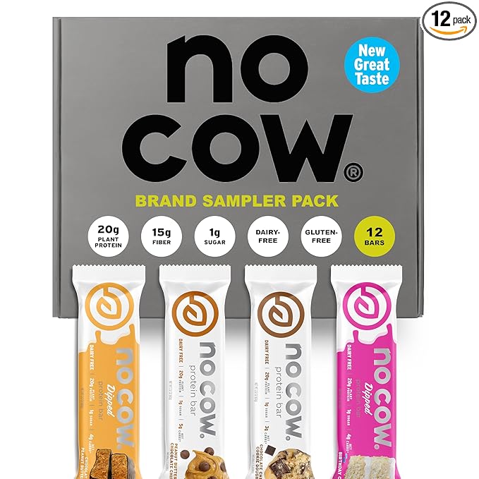 No Cow Vegan Protein Bars Upgraded Brand Sampler Pack | 20g Plant Based Protein Gluten Free Dairy Free Soy Free Keto Friendly Low Sugar High Fiber Snack Bars | Pack of 12