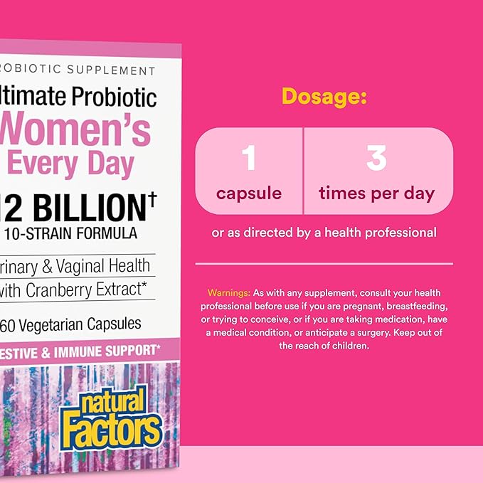 Natural Factors Ultimate Probiotic Women's Every Day - Digestive Health Support Supplement - Probiotic Supplement for Urinary Tract &amp Vaginal Health Support - 60 Vegetarian Capsules (60 Servings)