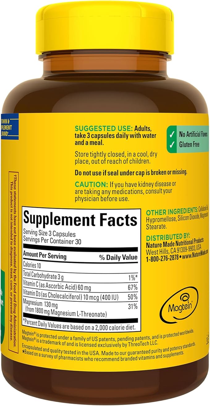 Nature Made Magnesium L-Threonate with Vitamin C &amp Vitamin D3 Provides 130 mg of Mag from 1800 mg Magnesium L Threonate Cognitive Support Magnesium Supplement 90 Capsules 30 Day Supply