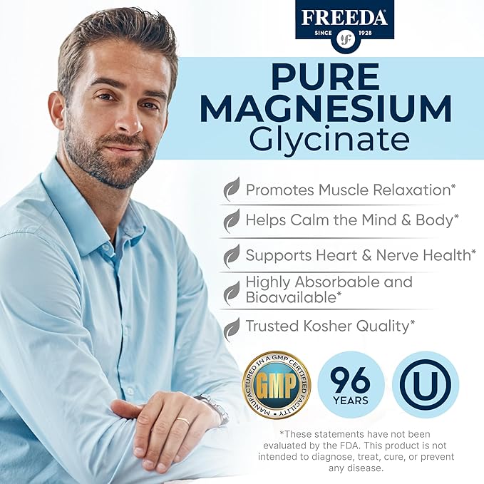 Freeda Magnesium Glycinate | High Absorption Chelated Magnesium | No Oxide | Supports Sleep Muscle &amp Nerve Function | Non-GMO Vegan Kosher | Gentle on Digestion | 90 Capsules