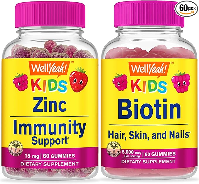 WellYeah Zinc Kids 15mg + Biotin Kids Gummies Bundle - Great Tasting Vitamin Supplement Gluten Free GMO Free Chewable Gummy