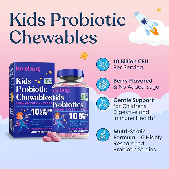 LOVEBUG Probiotics for Kids – Probiotic Chewables with Prebiotic Fiber for Age 4+Daily Children's Gut Health &amp Digestive Support Supplement Sugar-Free Berry Flavor 30 Count