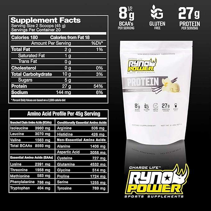 Ryno Power All Natural Whey Protein 2lb (20 Servings) 'Vanilla' - 100% Whey Protein Blend &amp No Fillers - Non GMO