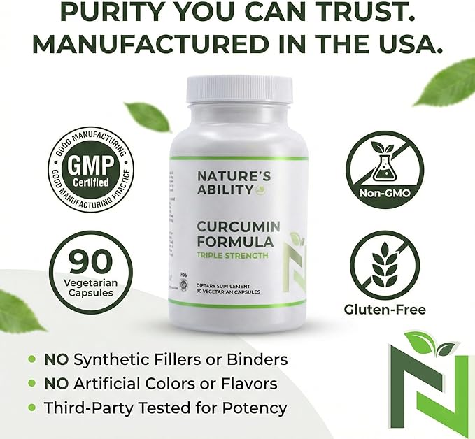 NATURE'S ABILITY Curcumin Formula Triple Strength - 900mg Curcumin C3 Complex with BioPerine Black Pepper for High Absorption - 90 Vegetarian Capsules