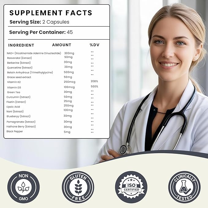 NAD+ Resveratrol Supplement for Energy Cellular Health &amp Healthy Aging – High Potency NAD Plus Capsules for Men &amp Women – Antioxidant Support (150 Count (Pack of 1))