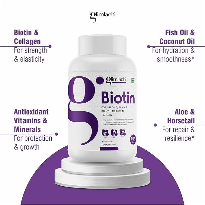 GLIMLACH Biotin 10000mcg Hair Growth Supplement for Men &amp Women 250 Veggie Tablets (Pack of 5 50 Tablets Each Jar)