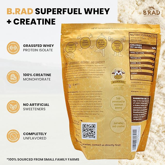 B.rad Superfuel - Grass Fed Whey Protein Isolate Boosted with Creatine | Farm-Fresh Easy-to-Digest Clean Ingredients | 2 Pounds | 100% USA Sourced | Unflavored