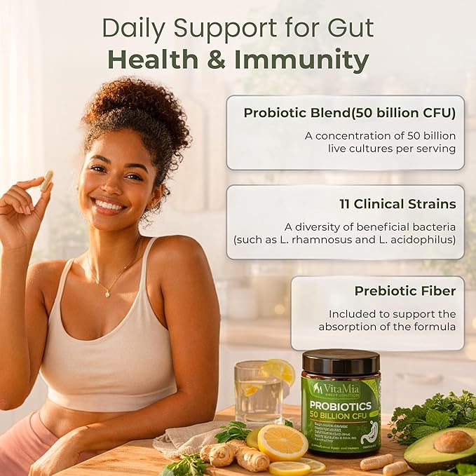 VitaMia Probiotics 50 Billion CFU Probiotic + Prebiotic Fiber Capsules 60 Count 11 Strain Formula – Daily Digestive Balance Gut &amp Immune Wellness for Men &amp Women – Vegan &amp Gluten Free