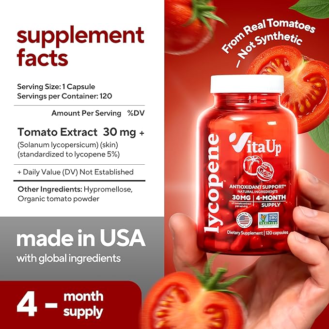 Lycopene Supplements for Men – USA Made Prostate Supplements for Men with Natural Tomato Extract – Non-GMO Lycopene Supplement for Normal Prostate Skin &amp Antioxidant Support – 120 Count