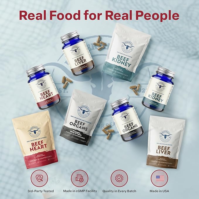 100% Beef Heart Supplement - 180 Count Freeze Dried Grass Fed Beef Organs Supplement for Women &amp Men with Omega-3S &amp CoQ10 - Non-GMO No Fillers &amp No Additives - Real Food Sourced &amp
