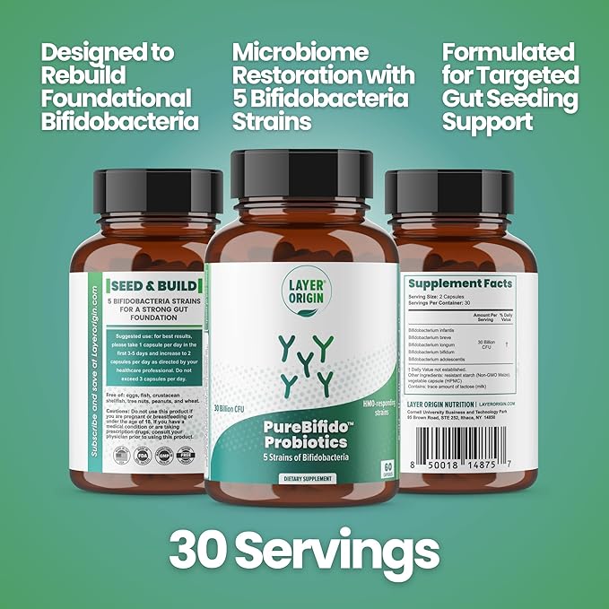 Layer Origin PureBifido Probiotics with 5 Strains of Bifidobacteria for Seeding Gut Microbiome and Boosting Your Gut Health 30 Servings HMO-Prebiotic Responding Strains
