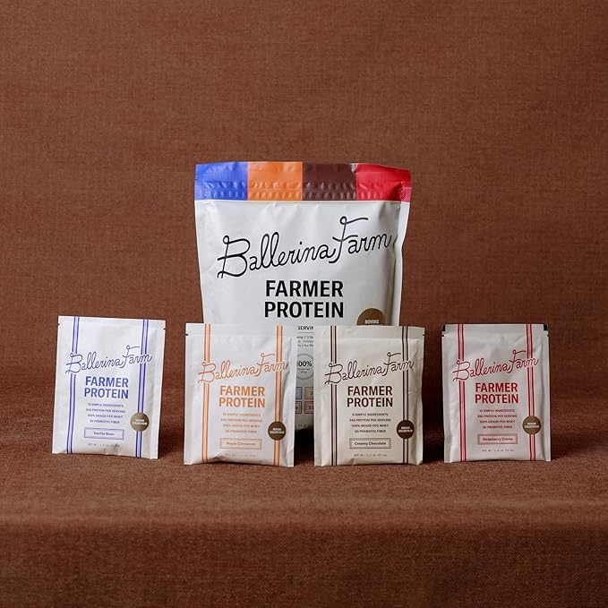 Ballerina Farm Grass Fed Whey Protein Powder 4 Flavor Variety Pack 24g Protein with Collagen Peptides Bovine Colostrum Hemp Hearts &amp Prebiotic Fiber No Artificial Ingredients 12 Servings