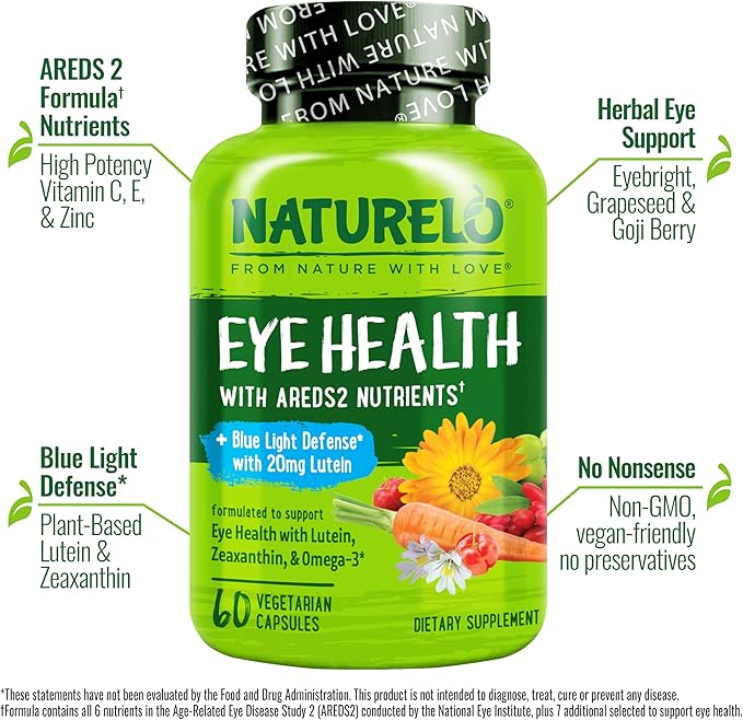 NATURELO Eye Vitamins - AREDS 2 Formula Nutrients with Lutein Zeaxanthin Vitamin C E Zinc Plus DHA - Supplement for Dry Eyes Healthy Vision Eye Support - 60 Vegan Capsules (Pack of 2)