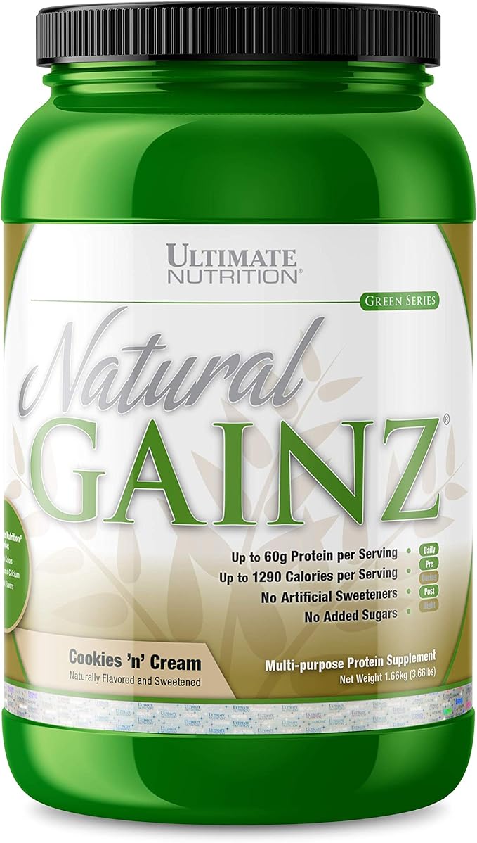 Ultimate Nutrition Natural Gainz Whey Protein Powder - Natural Gainer Protein with Micellar Casein and Milk Protein Cookies N Cream 3.6 Pounds