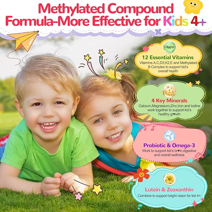 Kids Multivitamin with Iron Gummies: Natural Sugar Free Methylated Multivitamin Gummy with Omega 3 Probiotic Elderberry DHA Calcium Zinc - Daily Immune Overall Support for Kids(120 Count)