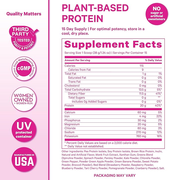 Pink Stork Protein Powder for Women 20g Plant Based Protein Powder with Fiber + Superfoods Gluten Free Dairy Free Sugar Free Pregnancy Friendly Vanilla Protein Shake - 15 Scoops