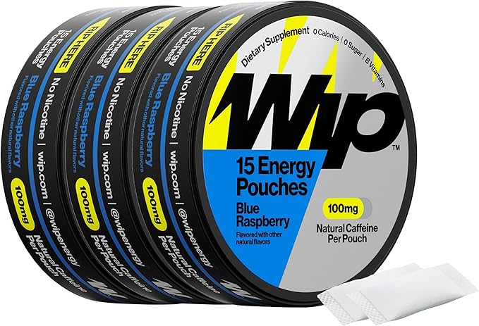 Wip Energy Pouches Sugar Free Blend with 100 MG Natural Caffeine B Vitamins Minerals &amp L Theanine for Energy Support Pre Workout for Active Lifestyles Blue Raspberry 3 Cans 15 Pouches per c