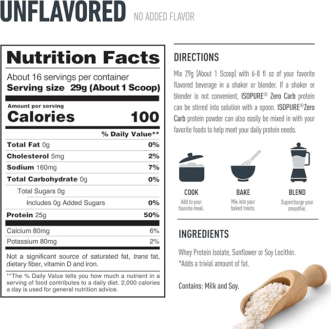 Isopure Zero Carb 100% Pure Whey Isolate Protein Powder Gluten Free with Vitamins Unflavored 25g Protein Per Serving 1 Lb 16 Servings (Packaging May Vary)