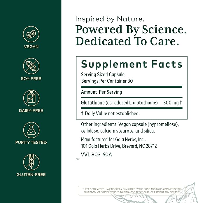 GAIA HERBS PRO Glutathione 500 - Antioxidant Supplement Supports Cellular Health* - Supplement with Glutathione for Men &amp Women - Vegan Gluten-Free Soy-Free - 30 Capsules (30 Servings)