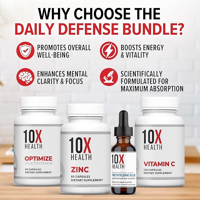 10X Health Daily Defense Bundle - 10X Optimize 10X Zinc 10X Vitamin C &amp Methylene Blue Drops - for Immunity Cellular Health &amp Energy Boost