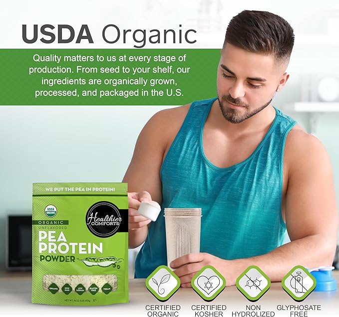 Healthier Comforts Organic Unflavored Pea Protein Powder - Low Sodium (1 lb.) | USA Grown and Processed | 100% Plant Based Protein | Kosher Gluten Free Non-GMO Keto Friendly (16oz)