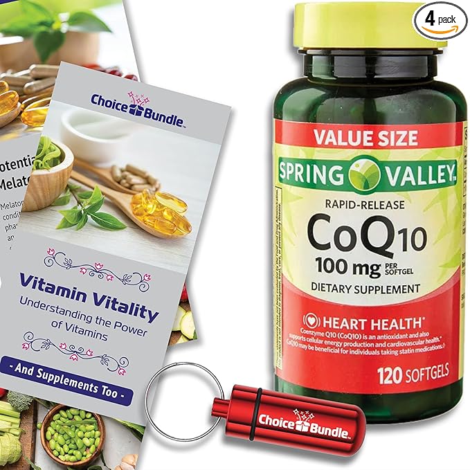 Choice Bundle Spring Valley Rapid-Release CoQ10 Coenzyme Q10 100 mg Softgels 120 Ct 4 pk (480 Total) + Vitamin Guide &amp Pill Container (6 Items)!