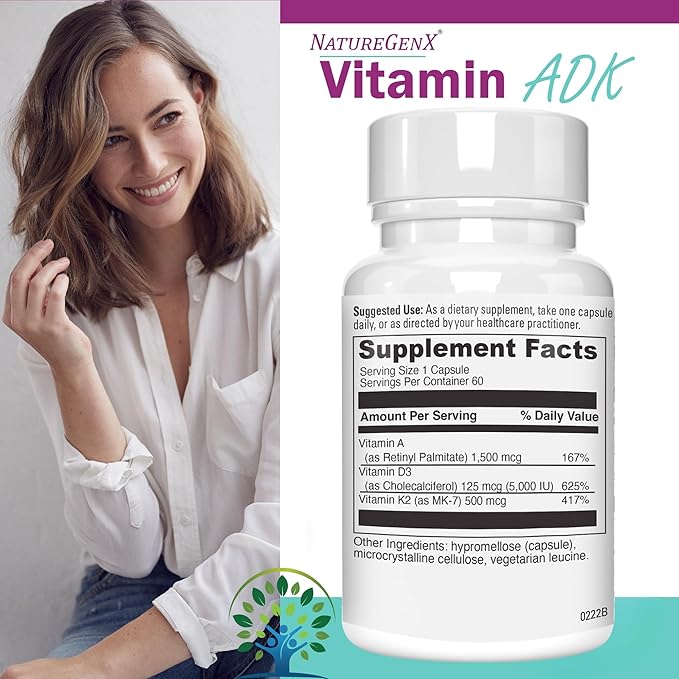 ADK Vitamin Supplement - Enhanced Bone Health with High Potency Vitamins A D3 K2 Gluten-Free 60 Capsules (Pack of 2)